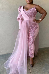 Plus Size Pink One Shoulder Sequined Prom Jumpsuits for Women-27dress